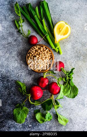 Cooking concept with organic and healthy ingredients on concrete background Stock Photo