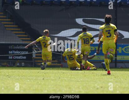 Liberty Stadium, Swansea, Glamorgan, UK. 17th Apr, 2021. English Football League Championship Football, Swansea City versus Wycombe Wanderers; Garath McCleary of Wycombe Wanderers celebrates with team mates after scoring his sides second goal to make it 0-2 in the 51st minute Credit: Action Plus Sports/Alamy Live News Stock Photo