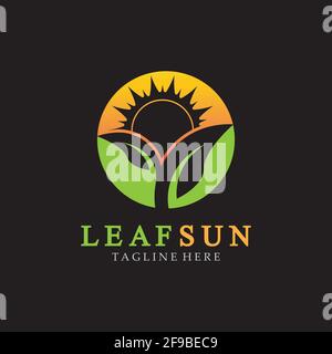 Sun & Green Leaf Logo Icons vector design template. Eco Sun Energy Logo isolated on black background Stock Vector