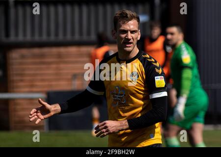 Newport, UK. 17th Apr, 2021. Mickey Demetriou of Newport County demonstrates to the linesman EFL football league two match, Newport county v Cambridge Utd at Rodney Parade in Newport, Wales on Saturday 17th April 2021. this image may only be used for Editorial purposes. Editorial use only, license required for commercial use. No use in betting, games or a single club/league/player publications. pic by Lewis Mitchell/Andrew Orchard sports photography/Alamy Live news Credit: Andrew Orchard sports photography/Alamy Live News Stock Photo