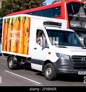 Epsom Surrey, London UK, April 17 2021, Sainsbury’s Home Delivery Food Service Van Or Vehicle Stock Photo