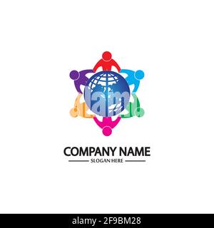 world comunity logo with people and globe illustration design vector. Stock Vector