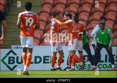 BLACKPOOL, UK. APRI 17TH Luke Garbutt of Blackpool FC scores his side's first goal of the game and celebrates with team mate during the Sky Bet League 1 match between Blackpool and Sunderland at Bloomfield Road, Blackpool on Saturday 17th April 2021. (Credit: Ian Charles | MI News) Credit: MI News & Sport /Alamy Live News Stock Photo