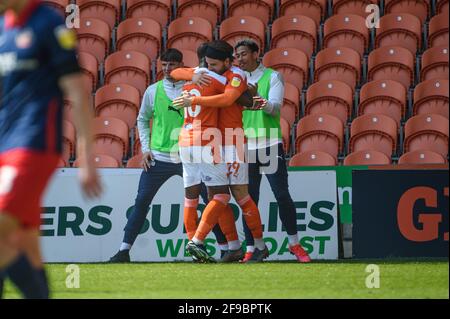 BLACKPOOL, UK. APRI 17TH Luke Garbutt of Blackpool FC scores his side's first goal of the game and celebrates with team mate during the Sky Bet League 1 match between Blackpool and Sunderland at Bloomfield Road, Blackpool on Saturday 17th April 2021. (Credit: Ian Charles | MI News) Credit: MI News & Sport /Alamy Live News Stock Photo