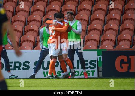 BLACKPOOL, UK. APRI 17TH Luke Garbutt of Blackpool FC scores his side's first goal of the game and celebrates with team mate during the Sky Bet League 1 match between Blackpool and Sunderland at Bloomfield Road, Blackpool on Saturday 17th April 2021. (Credit: Ian Charles | MI News) Credit: MI News & Sport /Alamy Live News Stock Photo