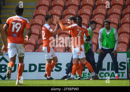 BLACKPOOL, UK. APRI 17TH Luke Garbutt of Blackpool FC scores his side's first goal of the game and celebrates with team mate during the Sky Bet League 1 match between Blackpool and Sunderland at Bloomfield Road, Blackpool on Saturday 17th April 2021. (Credit: Ian Charles | MI News) Credit: MI News & Sport /Alamy Live News Stock Photo