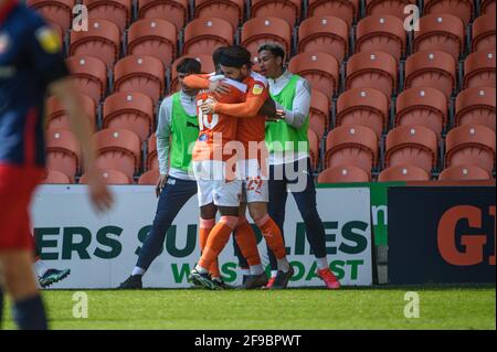 BLACKPOOL, UK. APRI 17TH Luke Garbutt of Blackpool FC scores his side's first goal of the game and celebrates with team mate during the Sky Bet League 1 match between Blackpool and Sunderland at Bloomfield Road, Blackpool on Saturday 17th April 2021. (Credit: Ian Charles | MI News) Credit: MI News & Sport /Alamy Live News Stock Photo