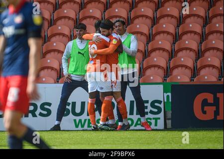 BLACKPOOL, UK. APRI 17TH Luke Garbutt of Blackpool FC scores his side's first goal of the game and celebrates with team mate during the Sky Bet League 1 match between Blackpool and Sunderland at Bloomfield Road, Blackpool on Saturday 17th April 2021. (Credit: Ian Charles | MI News) Credit: MI News & Sport /Alamy Live News Stock Photo