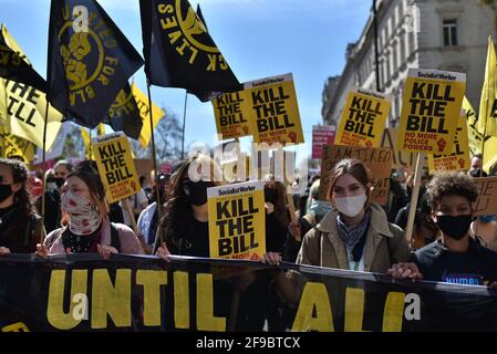 London, UK. 17 Apr 2021. Protesters during 'Kill The Bill' protest, which includes a variety of groups, from Extinction Rebellion, Black Lives Matter and Antifascists gathered against the government's proposed Police, Crime, Sentencing and Courts Bill. Credit: Andrea Domeniconi/Alamy Live News Stock Photo