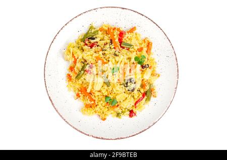 Traditional arabic salad tabbouleh with couscous, vegetables in plate isolated on white background. Studio Photo Stock Photo