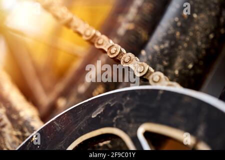 Bicycle chain before entering the front gear wheel to drive the vehicle, Abstract Macro with narrow depth of field. Stock Photo