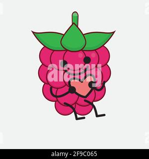Vector Illustration of Raspberry Fruit Character with cute face, simple hands and leg line art on Isolated Background. Flat cartoon doodle style. Stock Vector