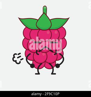 Vector Illustration of Raspberry Fruit Character with cute face, simple hands and leg line art on Isolated Background. Flat cartoon doodle style. Stock Vector