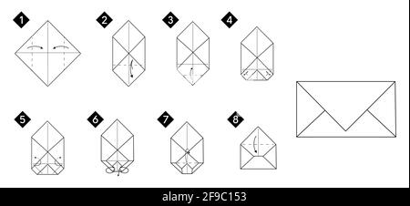 How to make a origami envelope vector illustration. Monochrome black line step by step DIY instruction. Stock Vector