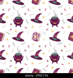 Witch seamless pattern with esoteric mystic elements. Witchcraft supply - cauldron with poison, hat, spell book with pentagram, pink crystal, bone and branch Stock Vector