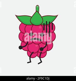 Vector Illustration of Raspberry Fruit Character with cute face, simple hands and leg line art on Isolated Background. Flat cartoon doodle style. Stock Vector
