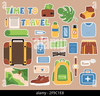 Set of tourist things stickers for keeping a diary, Travel items, Mens set, Vector objects suitcase, backpack, first aid kit, money in wallet Stock Vector