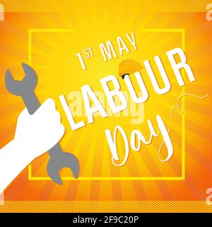 International Worker's Day card. Happy Labour Day banner. Text in creative yellow frame. Vector illustration. Isolated abstract graphic design templat Stock Vector