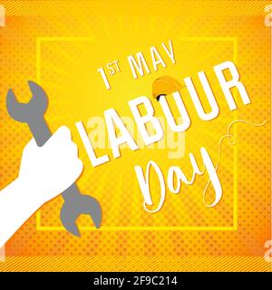 International Worker's Day card. Happy Labour Day banner. Text in creative yellow frame. Vector illustration. Isolated abstract graphic design templat Stock Vector