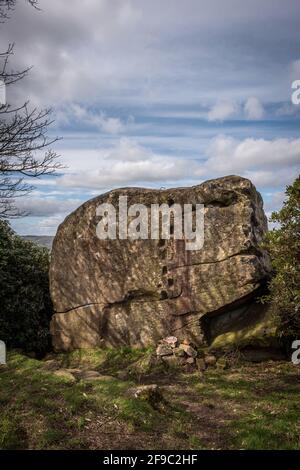 The Andle Stone is a natural eratic standing stone on Stanton Moor in the Peak District National Park, UK Stock Photo