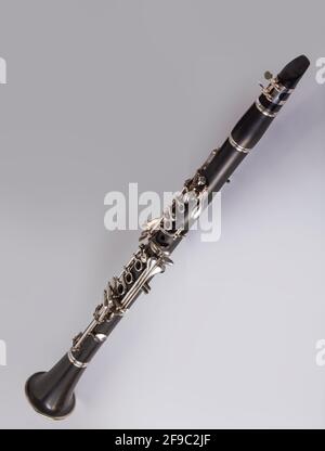 Clarinet on white background French model clarinet (Boehm standard keys) Stock Photo