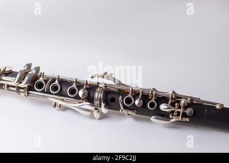 Clarinet on white background French model clarinet (Boehm standard keys) Stock Photo