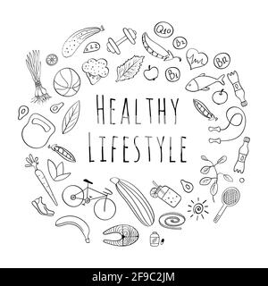 Healthy lifestyle hand drawn icons collection. Black doodles isolated on white background. Vector illustration. Stock Vector