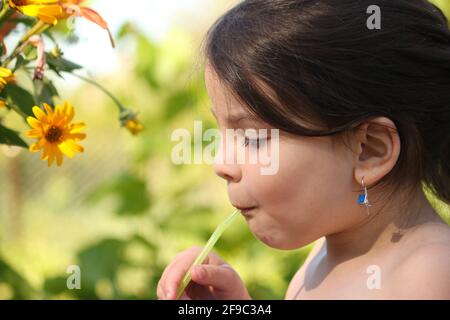 Funny little girl drinks water through a straw from a plastic cup while sitting at a table against the backdrop of sun-drenched vines Stock Photo