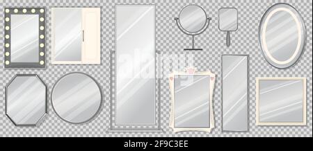 Set of vector mirrors of different models. Reflective mirror surface in silver frame, baby, tabletop, bath mirrors. Interior decor, vector Stock Vector