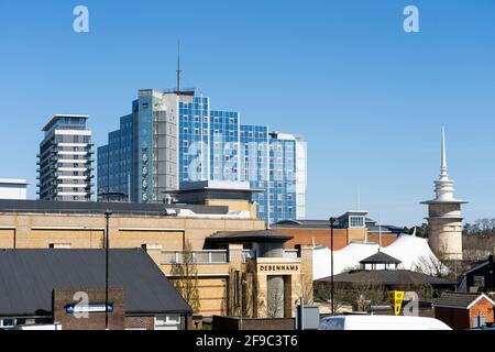 Basingstoke sky line with Skyline Plaza and Churchill Place high rise flats, Festival Place shopping centre and the flagship Debenhams store. UK Stock Photo