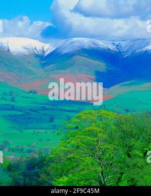 UK, England, Cumbria, spring landscape with snow capped Langdale Fell,