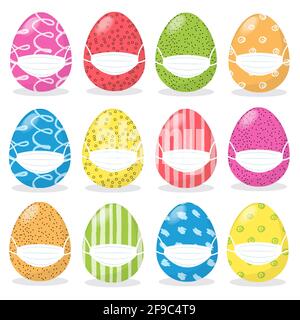 Happy Easter concept with cartoon colored eggs set in medical protective face mask For Avoid Coronavirus, Stay Home And Stay Safe. Easter celebration Stock Vector