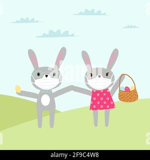 Easter card Healthy Easter. The Rabbit in the mask. Easter bunny in medical protective mask with easter egg to avoid coronavirus covid-19. Doddle flat Stock Vector