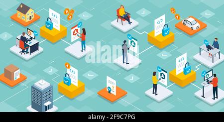 Users buying and selling assets, goods and service using smart contracts on blockchain, finance and technology concept Stock Vector
