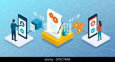 Smart contract execution on blockchain, users are exchanging assets and cryptocurrency, finance and technology concept Stock Vector