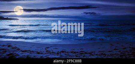 summer vacation at the seaside at night. beautiful seascape in full moon light. calm waves wash the golden sandy beach. fluffy clouds on the sky Stock Photo