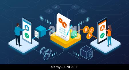 Smart contract execution on blockchain, users are exchanging assets and cryptocurrency, finance and technology concept Stock Vector