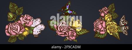 Flower bouquet of colored lemon butterfly, purple spotted swallowtail, forest mother-of-pearl, roses Stock Vector