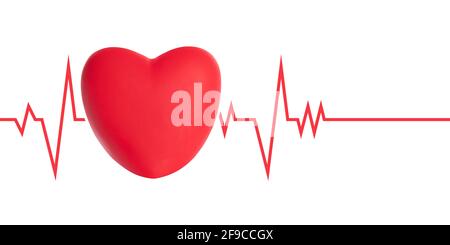 Medical advertisement banner - Illustration of red heart pulse heartbeat line electrocardiogram on white background Stock Photo