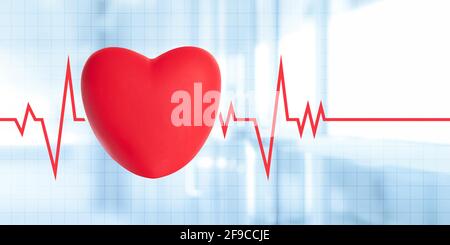 Medical advertisement banner - Illustration of red heart pulse heartbeat line electrocardiogram on a blurred hospital background Stock Photo