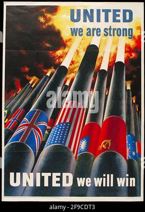 An American WW2 poster using patriotic slogans to gain support for the war effort saying United We Will Win Stock Photo