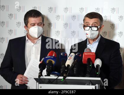 Prague, Czech Republic. 17th Apr, 2021. Czech Interior Minister Jan Hamacek, left, and Prime Minister Andrej Babis, right, attend an extraordinary press conference at Czech Ministry of Foreign Affairs in Prague, Czech Republic, on April 17, 2021. Prague is expelling 18 Russian embassy staffers identified as members of Russian secret services, have to leave Czechia in 48 hours. Russian secret service members were involved in the explosion of Czech Vrbetice ammunition store, Czech security forces have found out, PM Babis said. Credit: Michaela Rihova/CTK Photo/Alamy Live News Stock Photo