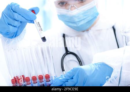 Doctor in a protective workwear is testing a blood sample tube in the medical laboratory Stock Photo