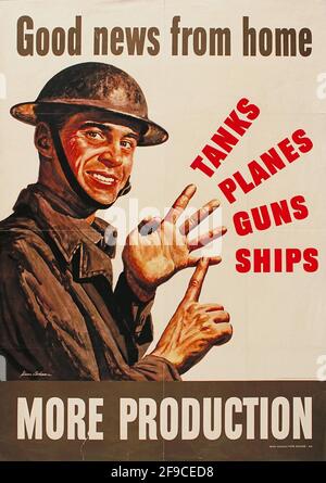 An American WW2 poster about increasing production in the war effort with the slogan More Production Stock Photo
