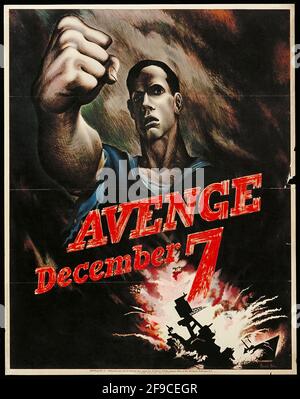 An American WW2 poster using patriotic slogans to gain support for the war effort saying Avenge December 7 (Pearl Harbor attack) Stock Photo