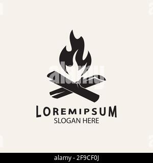 vintage Hipster bonfire Campfire logo badge label vector illustration on dark background. Crossed logs of wood and fire flame Classic badge Stock Vector
