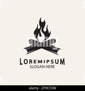 vintage Hipster bonfire Campfire logo badge label vector illustration on dark background. Crossed logs of wood and fire flame Classic badge Stock Vector