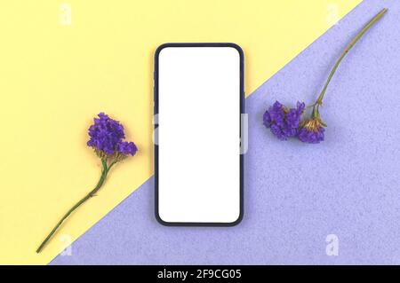 Floral smartphone mockup, blank white screen of mobile phone, dried flowers on a two tone office desktop, minimal flat lay workspace concept photo Stock Photo