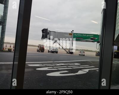 DUESSELDORF, NRW, GERMANY - NOVEMBER 11, 2019: Window view from the passenger seat of a passenger plane Stock Photo