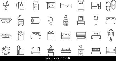 Bedroom icons set, outline style Stock Vector